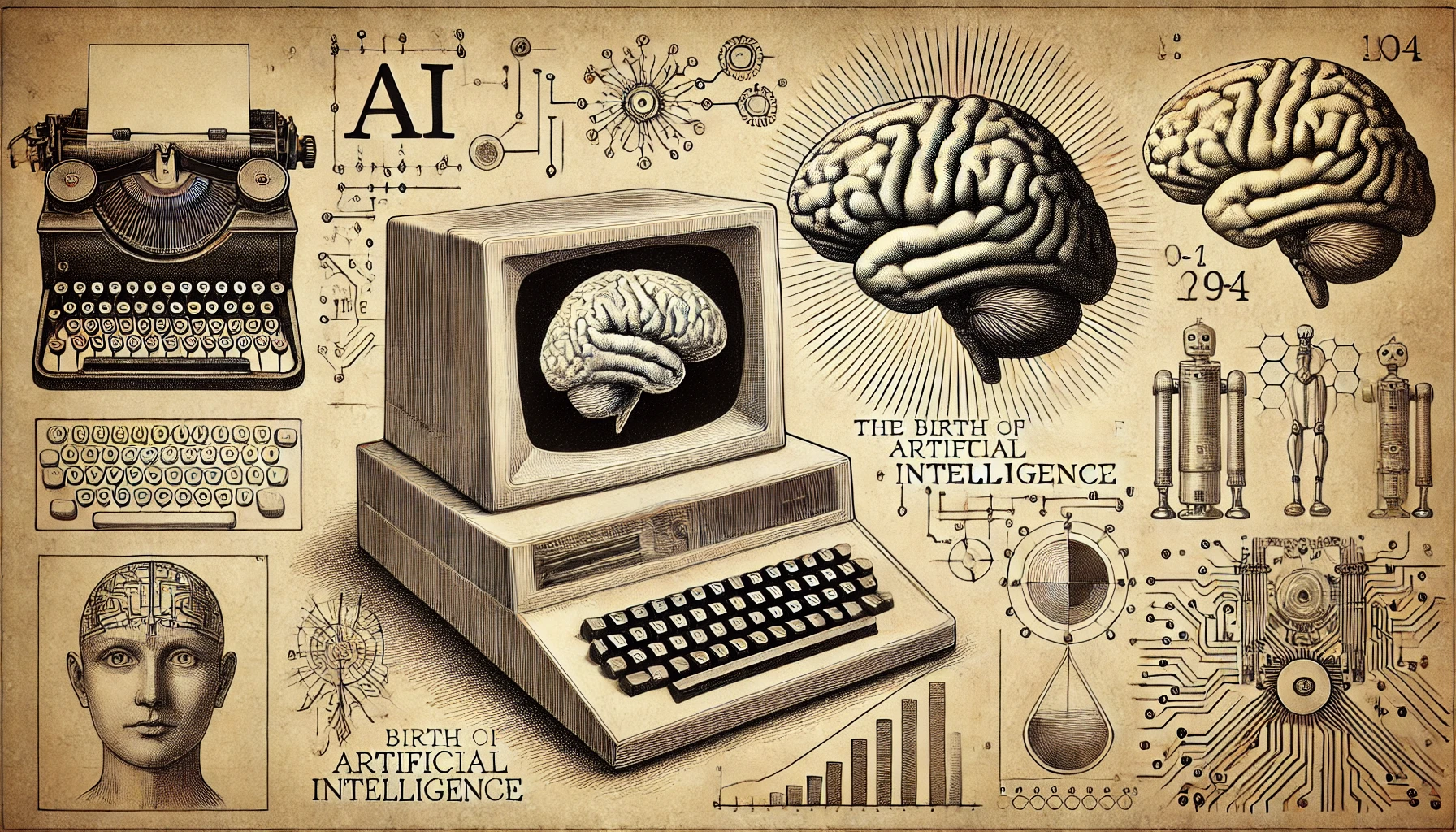 Historical image representing the birth of artificial intelligence with a classic computer, human brain sketch, and early AI symbols in a vintage scientific setting.