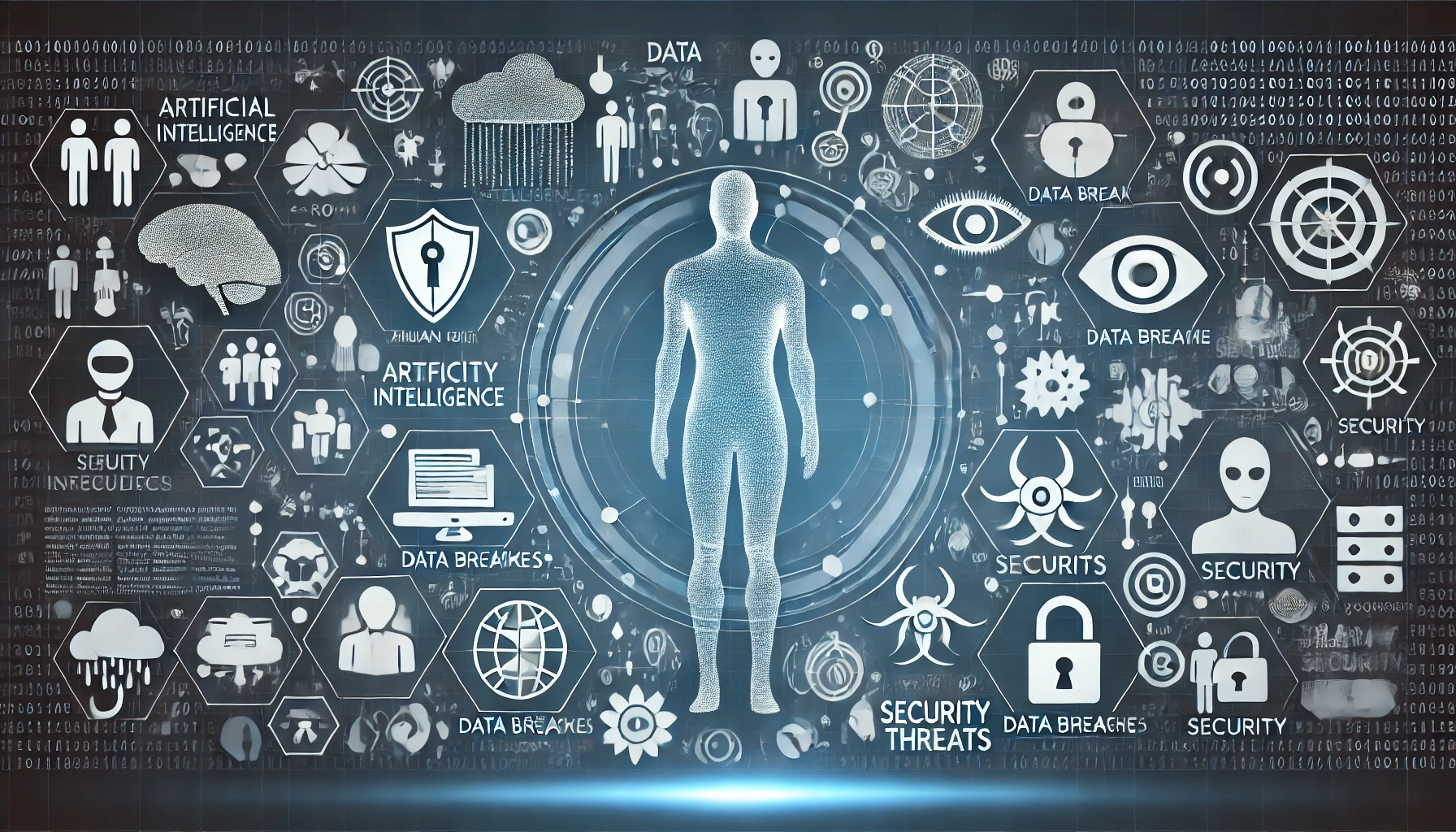 An image depicting various risks associated with artificial intelligence, including a human figure, a robot, data breaches, and security threats symbolized through icons and graphics.