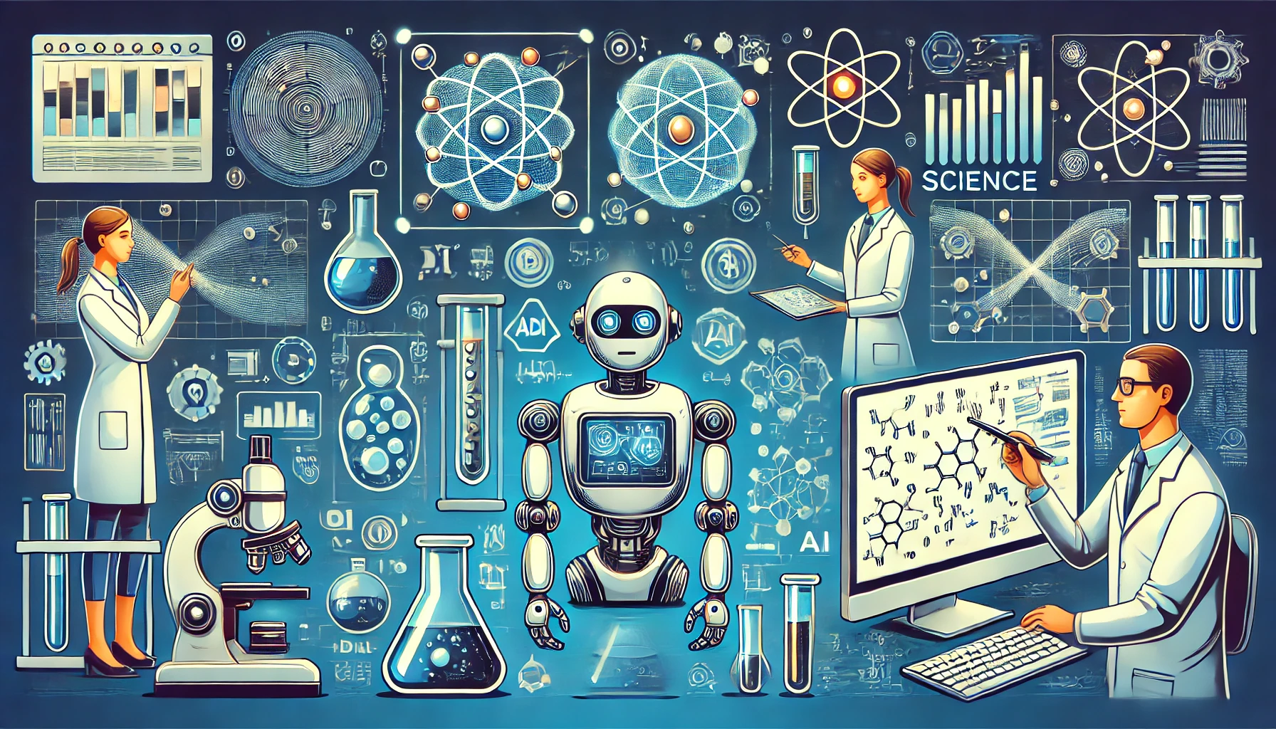 Image depicting the use of artificial intelligence in science, including elements like a robot analyzing data, scientific simulations on a computer screen, and scientists collaborating with AI in a modern laboratory setting.