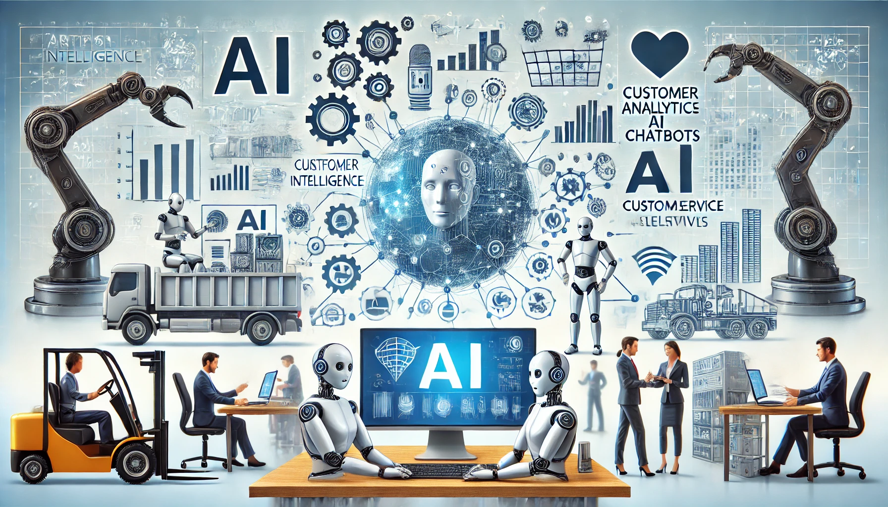 Image depicting the use of artificial intelligence in businesses, including elements like robots, data analysis, customer service, and automation.