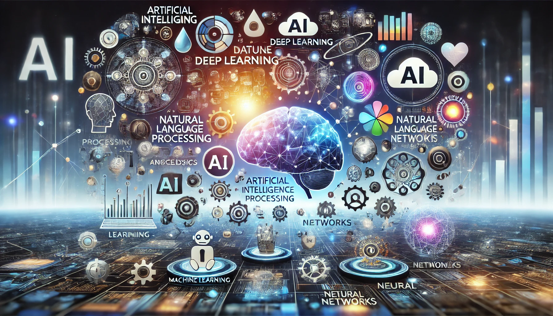 Image depicting various key terms used in artificial intelligence, including machine learning, deep learning, and data analysis in a modern AI-driven setting.