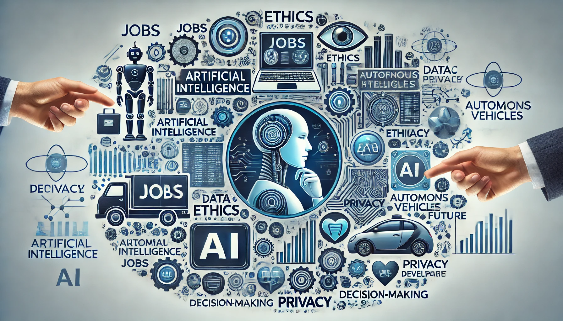 Image depicting various aspects of artificial intelligence, including jobs, ethics, privacy, decision-making, and future developments. Features elements like robots, data analysis, autonomous vehicles, and AI-driven healthcare in a modern, high-tech setting.