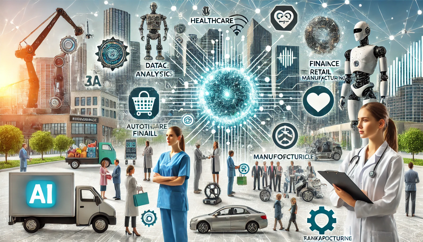 Image depicting the transformative impact of artificial intelligence in various industries, including healthcare, finance, retail, manufacturing, and transportation. Features elements like robots, data analysis, autonomous vehicles, and AI-driven healthcare in a modern, high-tech setting.