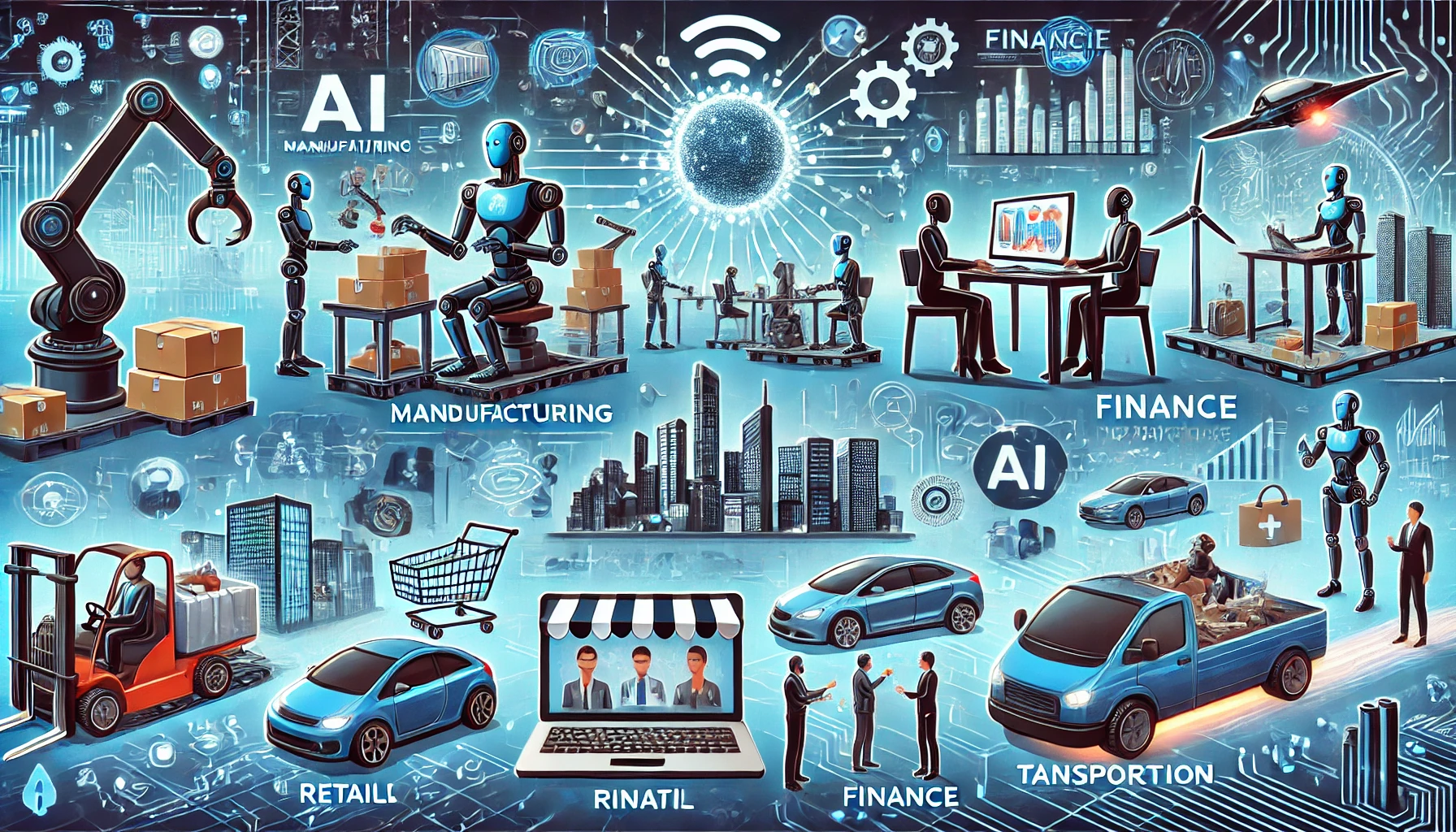 Image depicting the impact of AI on various industries, including manufacturing, retail, finance, healthcare, and transportation. Features elements like robots working on production lines, AI-driven customer service, financial data analysis, and autonomous vehicles, highlighting job displacement and new opportunities in a modern, high-tech setting.