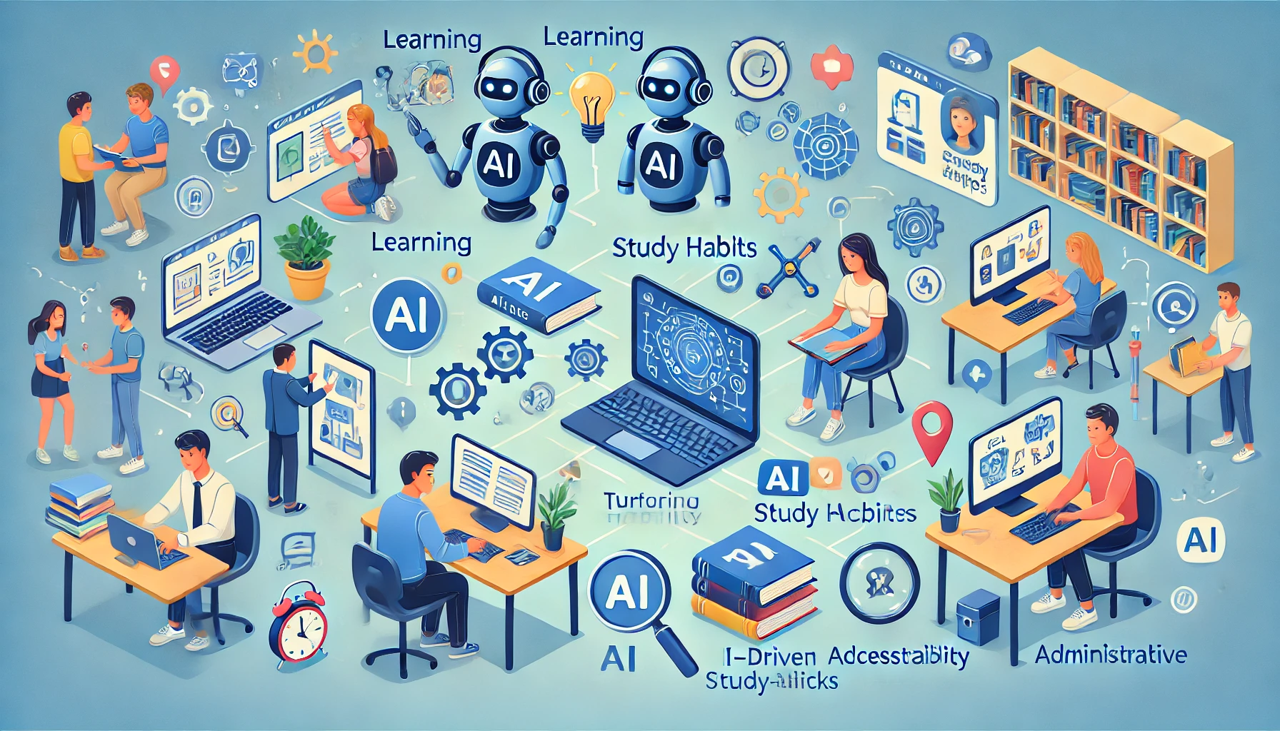 Image depicting various AI tools helping students with learning, study habits, tutoring, accessibility, and administrative tasks.