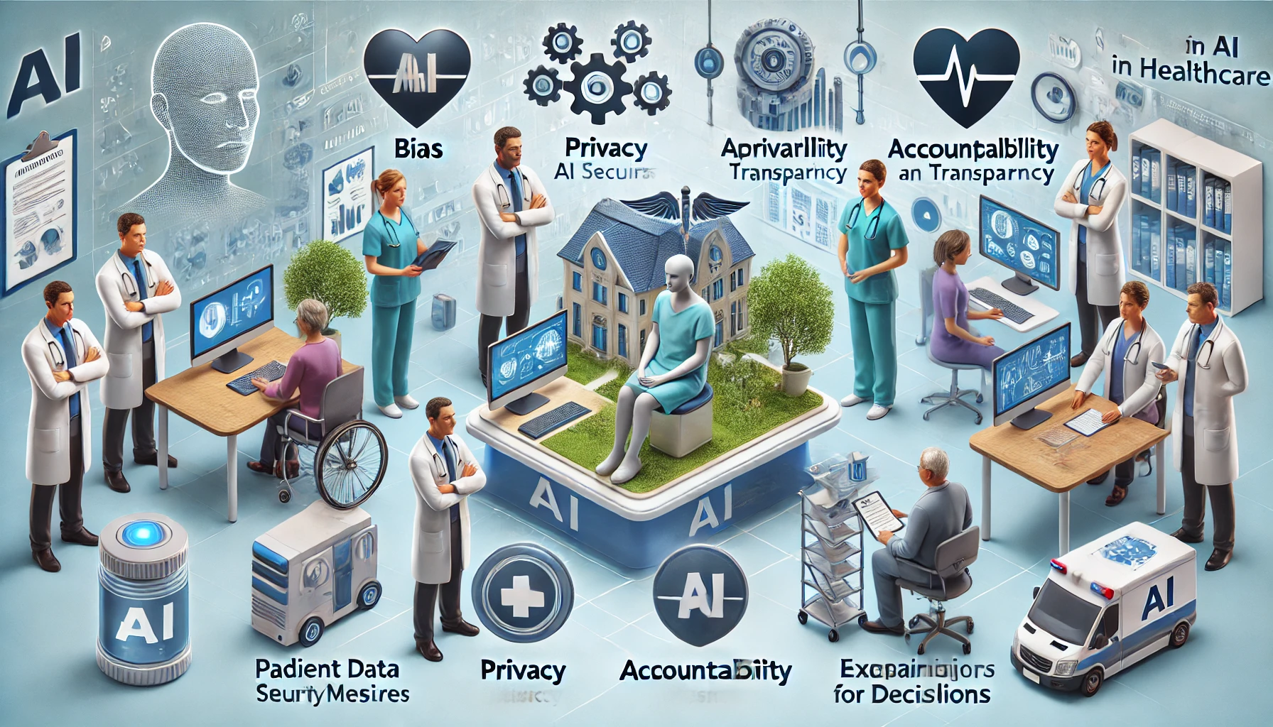 Image depicting the ethical concerns of AI in healthcare, including issues like bias, privacy, accountability, and transparency.