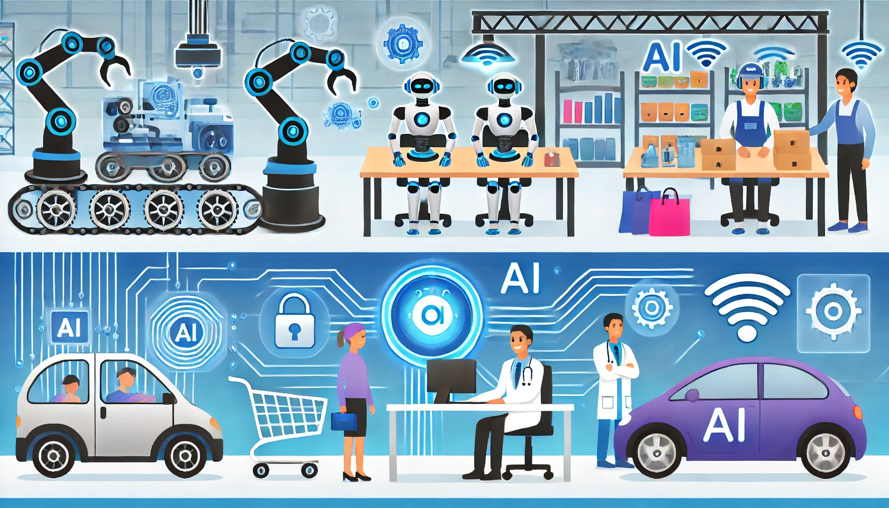 Image depicting how AI is taking over jobs, with robots and AI systems automating tasks in various industries, including manufacturing, retail, finance, healthcare, and transportation.