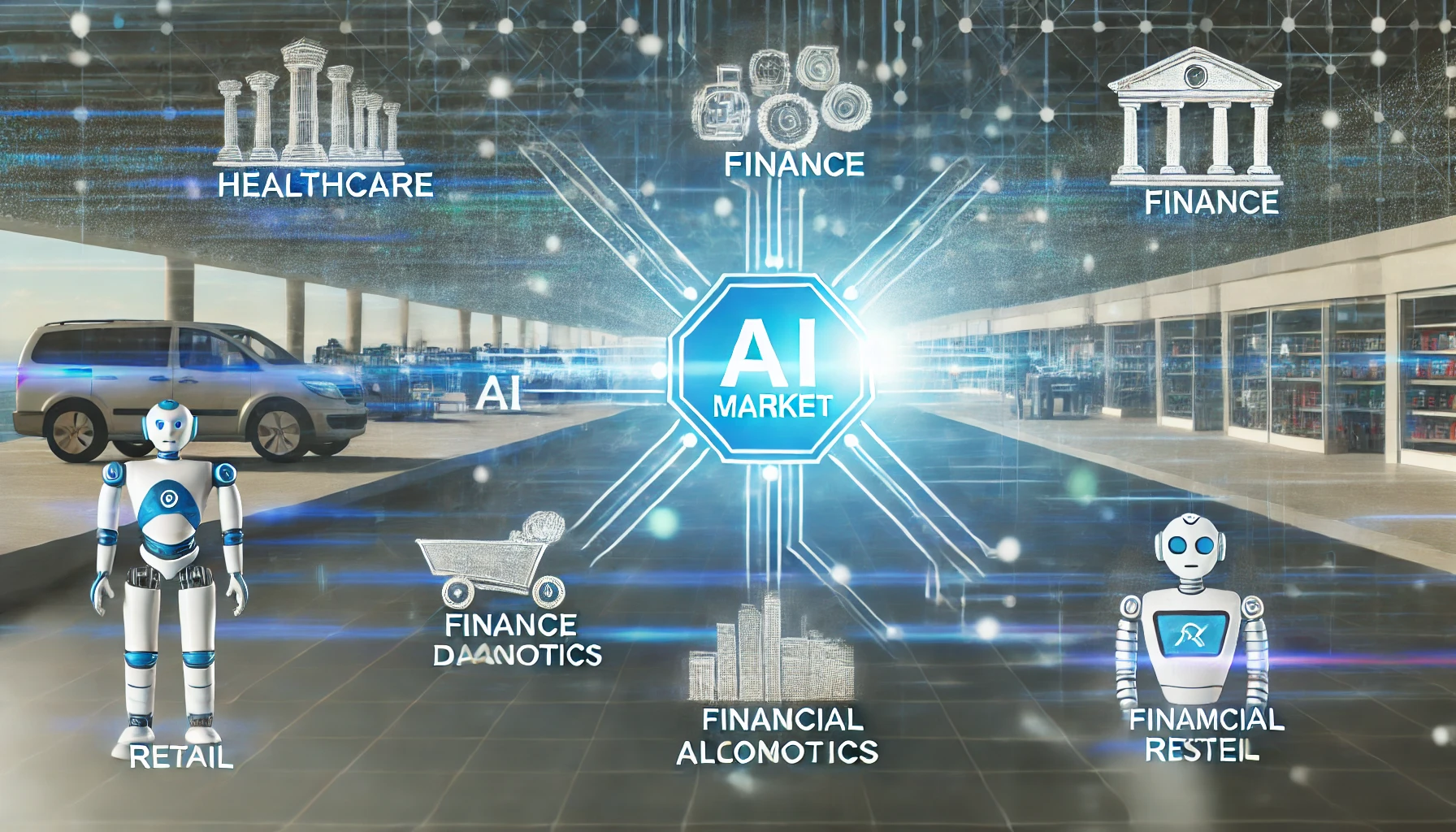 Image depicting the vast and rapidly growing AI market, showcasing key sectors like healthcare, finance, retail, and manufacturing.