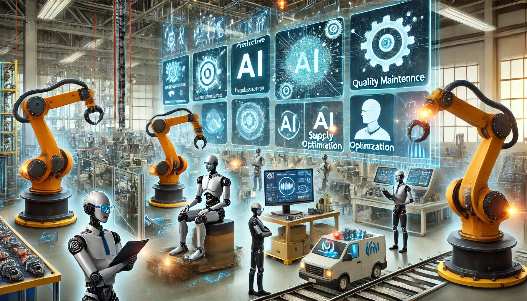 Image depicting AI applications in manufacturing, including predictive maintenance, quality control, supply chain optimization, and robotics.