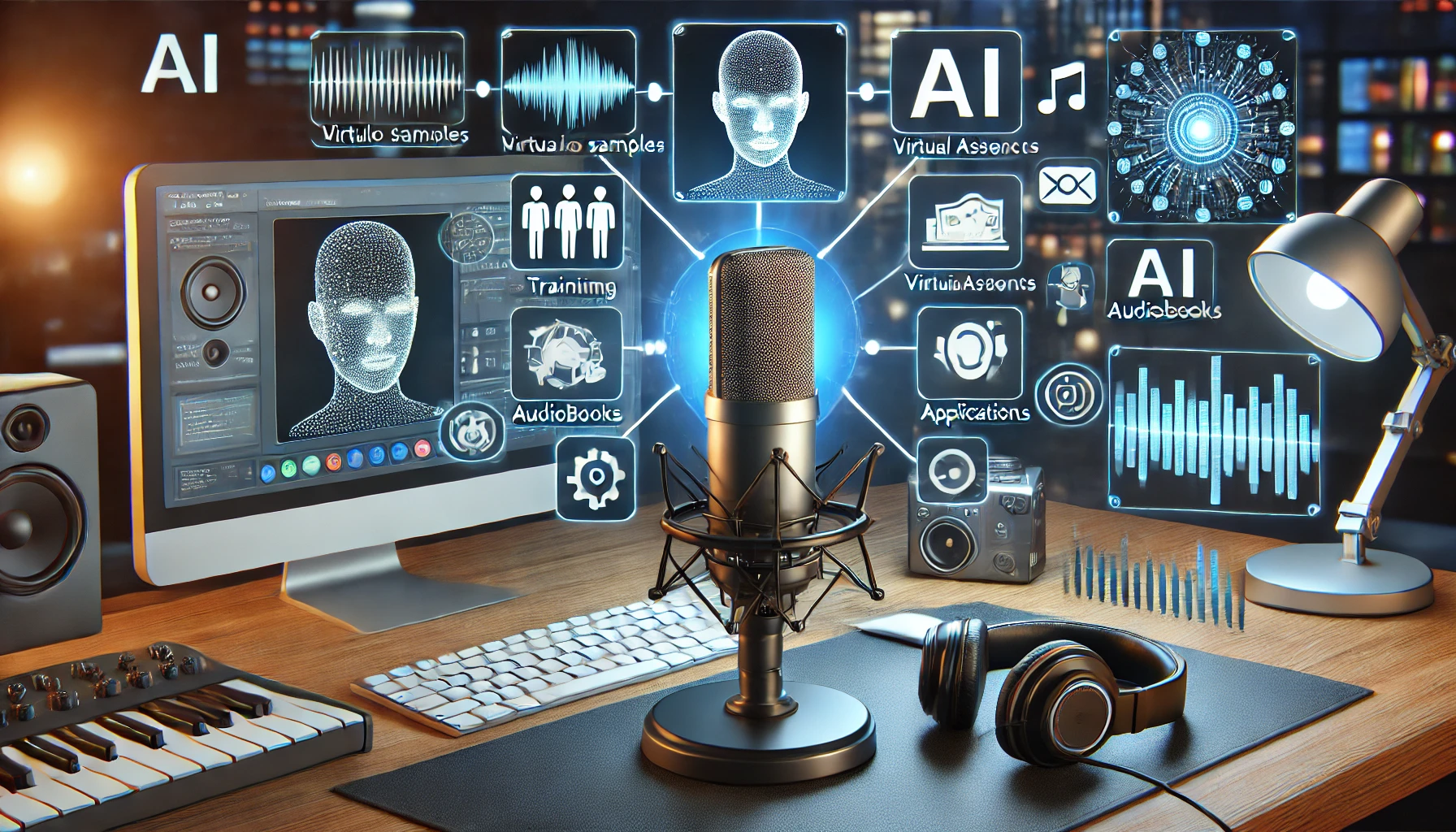 Image shows the process of creating an AI voice, including recording audio samples, training the AI model, and integrating the voice into applications.