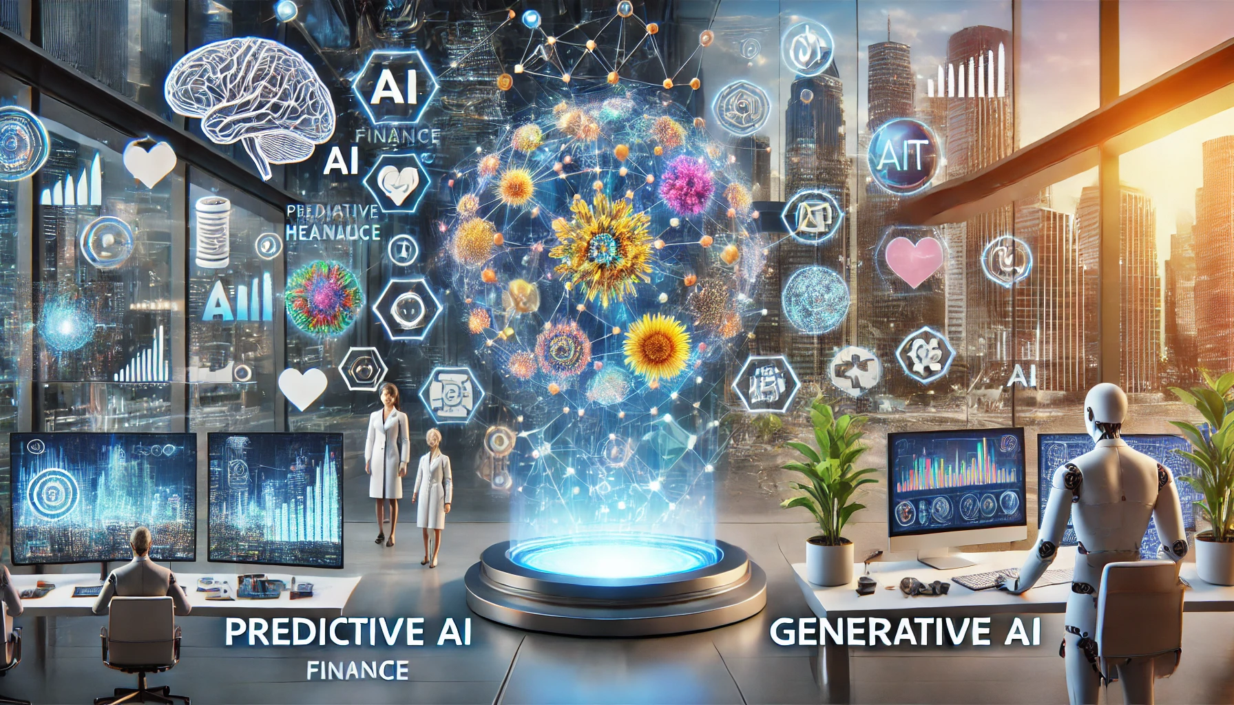 Image comparing predictive AI and generative AI, highlighting their differences in purpose, technologies, and applications across industries.