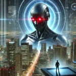 Futuristic cityscape with a towering, ominous artificial intelligence entity with glowing red eyes, symbolizing the potential dangers and risks of AI control and influence.