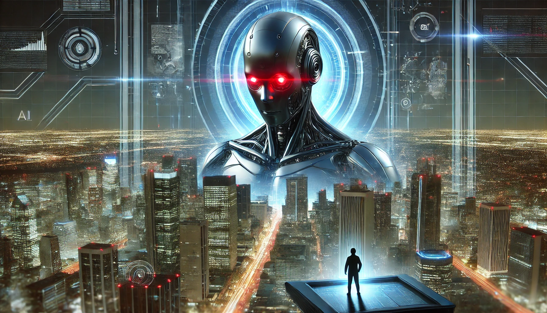 Futuristic cityscape with a towering, ominous artificial intelligence entity with glowing red eyes, symbolizing the potential dangers and risks of AI control and influence.